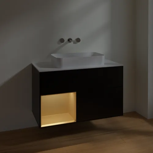 Bild von VILLEROY BOCH Finion Waschbeckenunterschrank, mit Beleuchtung, 2 Auszüge, 1000 x 603 x 501 mm, Black Matt Lacquer / Gold Matt Lacquer / Glass White Matt #F651HFPD