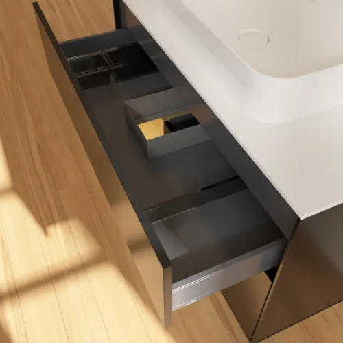 Bild von VILLEROY BOCH Finion Waschbeckenunterschrank, mit Beleuchtung, 2 Auszüge, 1000 x 603 x 501 mm, Black Matt Lacquer / Gold Matt Lacquer / Glass White Matt #F651HFPD