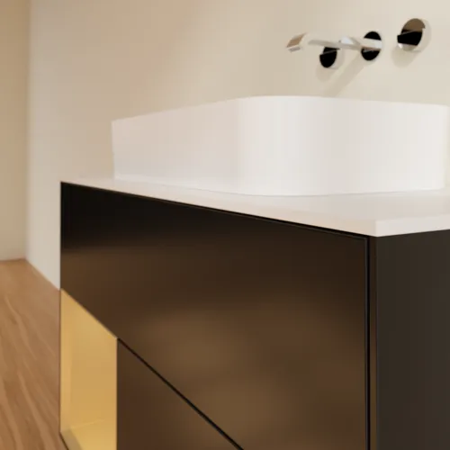 Bild von VILLEROY BOCH Finion Waschbeckenunterschrank, mit Beleuchtung, 2 Auszüge, 1000 x 603 x 501 mm, Black Matt Lacquer / Gold Matt Lacquer / Glass White Matt #F651HFPD