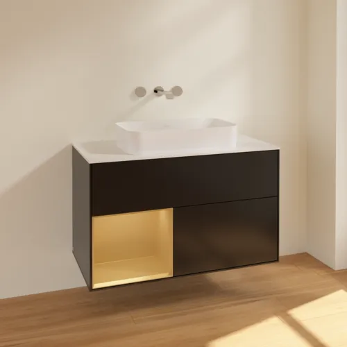 Bild von VILLEROY BOCH Finion Waschbeckenunterschrank, mit Beleuchtung, 2 Auszüge, 1000 x 603 x 501 mm, Black Matt Lacquer / Gold Matt Lacquer / Glass White Matt #F651HFPD