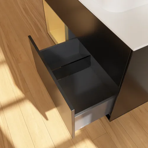 Bild von VILLEROY BOCH Finion Waschbeckenunterschrank, mit Beleuchtung, 2 Auszüge, 1000 x 603 x 501 mm, Black Matt Lacquer / Gold Matt Lacquer / Glass White Matt #F651HFPD