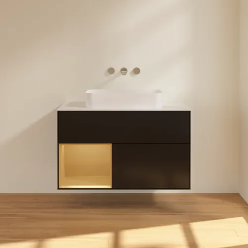 Bild von VILLEROY BOCH Finion Waschbeckenunterschrank, mit Beleuchtung, 2 Auszüge, 1000 x 603 x 501 mm, Black Matt Lacquer / Gold Matt Lacquer / Glass White Matt #F651HFPD