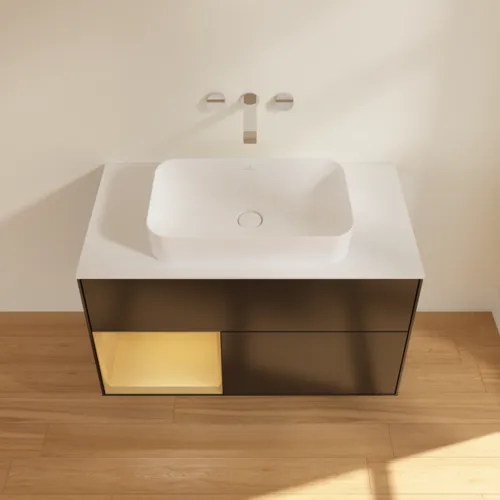 Bild von VILLEROY BOCH Finion Waschbeckenunterschrank, mit Beleuchtung, 2 Auszüge, 1000 x 603 x 501 mm, Black Matt Lacquer / Gold Matt Lacquer / Glass White Matt #F651HFPD
