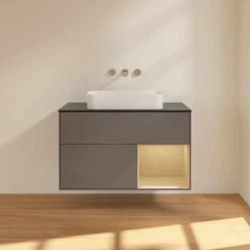 Bild von VILLEROY BOCH Finion Waschbeckenunterschrank, mit Beleuchtung, 2 Auszüge, 1000 x 603 x 501 mm, Anthracite Matt Lacquer / Oak Veneer / Glass Black Matt #F662PCGK