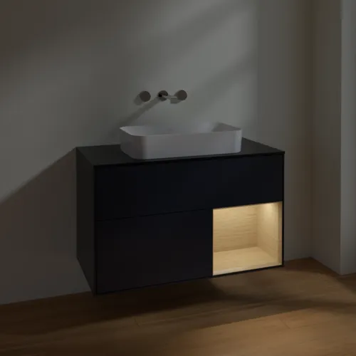 VILLEROY BOCH Finion Waschbeckenunterschrank, mit Beleuchtung, 2 Auszüge, 1000 x 603 x 501 mm, Midnight Blue Matt Lacquer / Oak Veneer / Glass Black Matt #F662PCHG, Bild 2