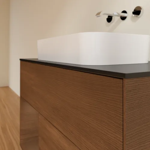Bild von VILLEROY BOCH Finion Waschbeckenunterschrank, mit Beleuchtung, 2 Auszüge, 1000 x 603 x 501 mm, Walnut Veneer / Walnut Veneer / Glass Black Matt #F652GNGN