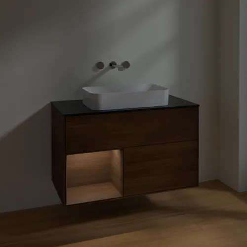 Bild von VILLEROY BOCH Finion Waschbeckenunterschrank, mit Beleuchtung, 2 Auszüge, 1000 x 603 x 501 mm, Walnut Veneer / Walnut Veneer / Glass Black Matt #F652GNGN