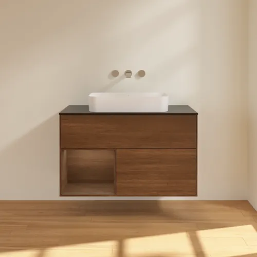 Bild von VILLEROY BOCH Finion Waschbeckenunterschrank, mit Beleuchtung, 2 Auszüge, 1000 x 603 x 501 mm, Walnut Veneer / Walnut Veneer / Glass Black Matt #F652GNGN