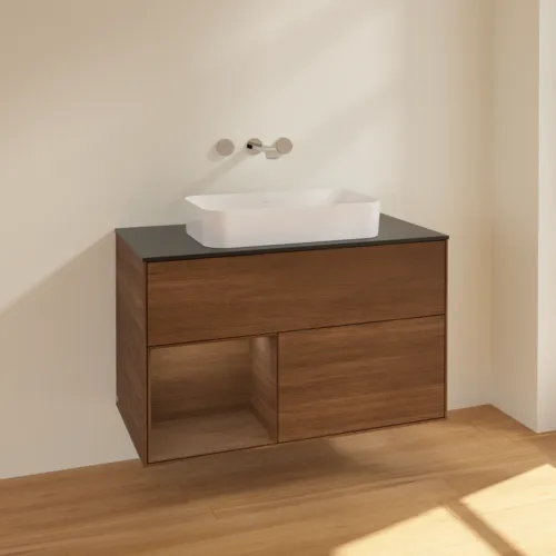 Bild von VILLEROY BOCH Finion Waschbeckenunterschrank, mit Beleuchtung, 2 Auszüge, 1000 x 603 x 501 mm, Walnut Veneer / Walnut Veneer / Glass Black Matt #F652GNGN