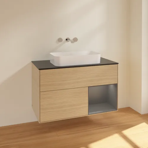 Bild von VILLEROY BOCH Finion Waschbeckenunterschrank, mit Beleuchtung, 2 Auszüge, 1000 x 603 x 501 mm, Oak Veneer / Anthracite Matt Lacquer / Glass Black Matt #F662GKPC