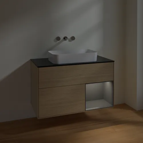 Bild von VILLEROY BOCH Finion Waschbeckenunterschrank, mit Beleuchtung, 2 Auszüge, 1000 x 603 x 501 mm, Oak Veneer / Anthracite Matt Lacquer / Glass Black Matt #F662GKPC