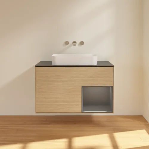 Bild von VILLEROY BOCH Finion Waschbeckenunterschrank, mit Beleuchtung, 2 Auszüge, 1000 x 603 x 501 mm, Oak Veneer / Anthracite Matt Lacquer / Glass Black Matt #F662GKPC