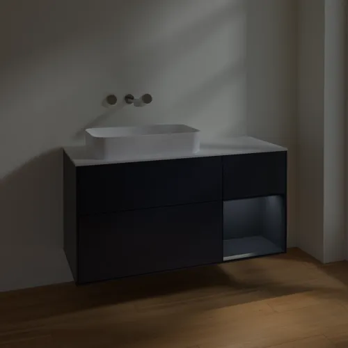 Bild von VILLEROY BOCH Finion Waschbeckenunterschrank, mit Beleuchtung, 3 Auszüge, 1200 x 603 x 501 mm, Midnight Blue Matt Lacquer / Midnight Blue Matt Lacquer / Glass White Matt #F691HGHG