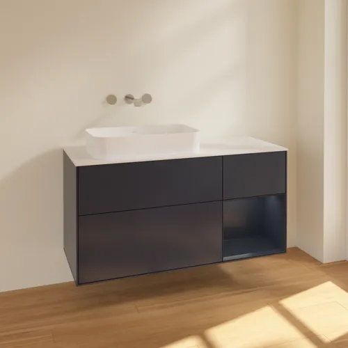 Bild von VILLEROY BOCH Finion Waschbeckenunterschrank, mit Beleuchtung, 3 Auszüge, 1200 x 603 x 501 mm, Midnight Blue Matt Lacquer / Midnight Blue Matt Lacquer / Glass White Matt #F691HGHG