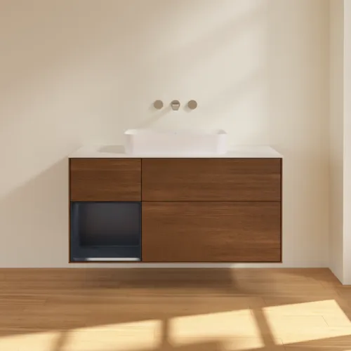 VILLEROY BOCH Finion Waschbeckenunterschrank, mit Beleuchtung, 3 Auszüge, 1200 x 603 x 501 mm, Walnut Veneer / Midnight Blue Matt Lacquer / Glass White Matt #F701HGGN, Bild 2
