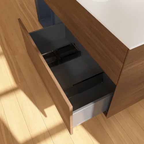 VILLEROY BOCH Finion Waschbeckenunterschrank, mit Beleuchtung, 3 Auszüge, 1200 x 603 x 501 mm, Walnut Veneer / Midnight Blue Matt Lacquer / Glass White Matt #F701HGGN, Bild 4