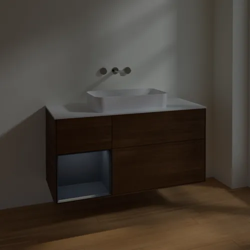 VILLEROY BOCH Finion Waschbeckenunterschrank, mit Beleuchtung, 3 Auszüge, 1200 x 603 x 501 mm, Walnut Veneer / Midnight Blue Matt Lacquer / Glass White Matt #F701HGGN, Bild 3