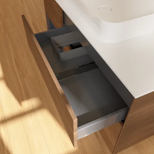 VILLEROY BOCH Finion Waschbeckenunterschrank, mit Beleuchtung, 3 Auszüge, 1200 x 603 x 501 mm, Walnut Veneer / Midnight Blue Matt Lacquer / Glass White Matt #F701HGGN, Bild 5