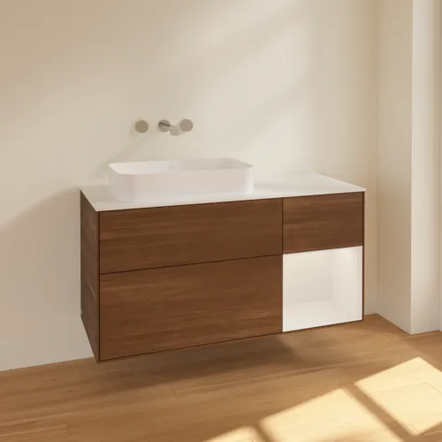 VILLEROY BOCH Finion Waschbeckenunterschrank, mit Beleuchtung, 3 Auszüge, 1200 x 603 x 501 mm, Walnut Veneer / Glossy White Lacquer / Glass White Matt #F691GFGN, Bild 2