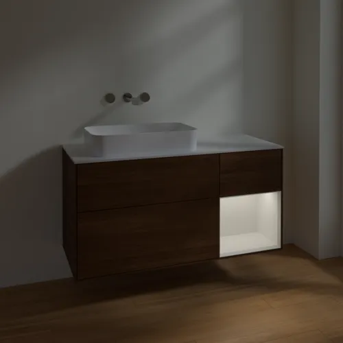 VILLEROY BOCH Finion Waschbeckenunterschrank, mit Beleuchtung, 3 Auszüge, 1200 x 603 x 501 mm, Walnut Veneer / Glossy White Lacquer / Glass White Matt #F691GFGN, Bild 4