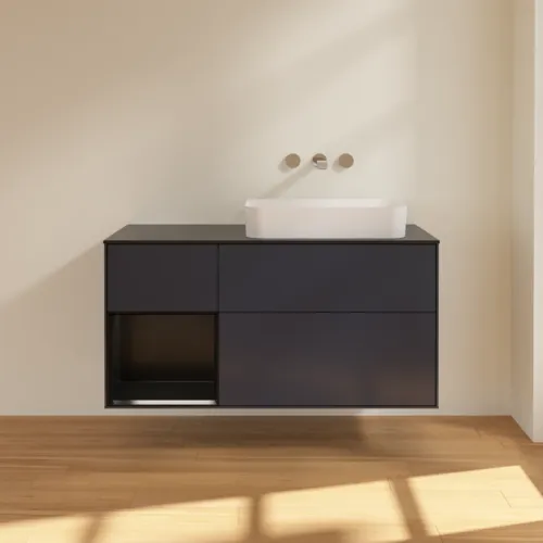 VILLEROY BOCH Finion Waschbeckenunterschrank, mit Beleuchtung, 3 Auszüge, 1200 x 603 x 501 mm, Midnight Blue Matt Lacquer / Black Matt Lacquer / Glass Black Matt #F682PDHG, Bild 2
