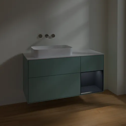 Bild von VILLEROY BOCH Finion Waschbeckenunterschrank, mit Beleuchtung, 3 Auszüge, 1200 x 603 x 501 mm, Olive Matt Lacquer / Midnight Blue Matt Lacquer / Glass White Matt #F691HGGM