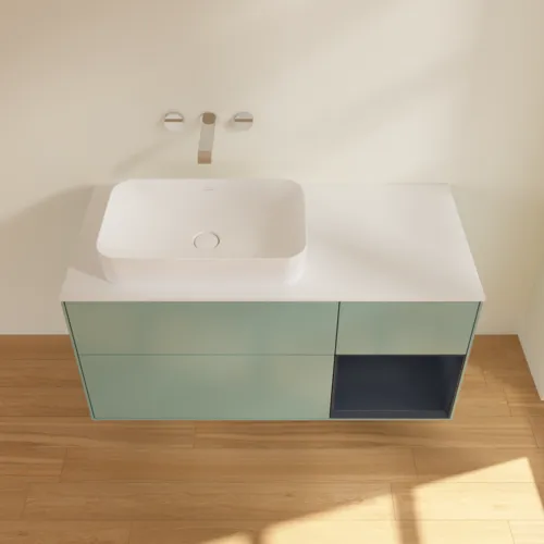 Bild von VILLEROY BOCH Finion Waschbeckenunterschrank, mit Beleuchtung, 3 Auszüge, 1200 x 603 x 501 mm, Olive Matt Lacquer / Midnight Blue Matt Lacquer / Glass White Matt #F691HGGM