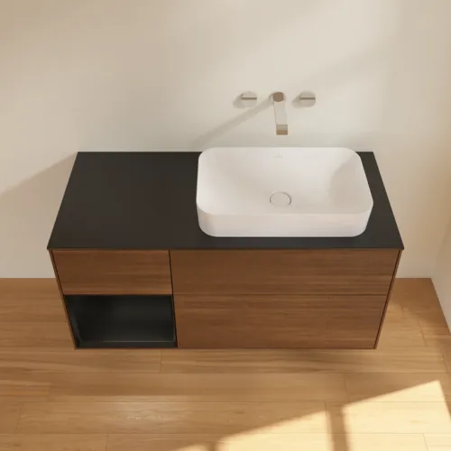 VILLEROY BOCH Finion Waschbeckenunterschrank, mit Beleuchtung, 3 Auszüge, 1200 x 603 x 501 mm, Walnut Veneer / Black Matt Lacquer / Glass Black Matt #F682PDGN, Bild 3