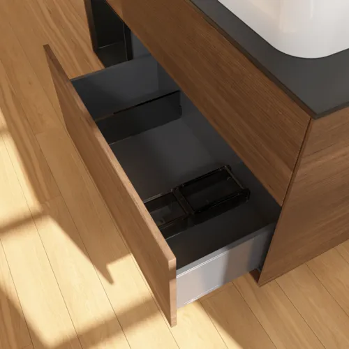 VILLEROY BOCH Finion Waschbeckenunterschrank, mit Beleuchtung, 3 Auszüge, 1200 x 603 x 501 mm, Walnut Veneer / Black Matt Lacquer / Glass Black Matt #F682PDGN, Bild 6