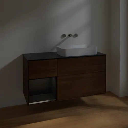 VILLEROY BOCH Finion Waschbeckenunterschrank, mit Beleuchtung, 3 Auszüge, 1200 x 603 x 501 mm, Walnut Veneer / Black Matt Lacquer / Glass Black Matt #F682PDGN, Bild 4