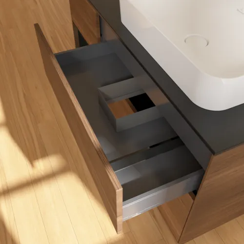 VILLEROY BOCH Finion Waschbeckenunterschrank, mit Beleuchtung, 3 Auszüge, 1200 x 603 x 501 mm, Walnut Veneer / Black Matt Lacquer / Glass Black Matt #F682PDGN, Bild 7