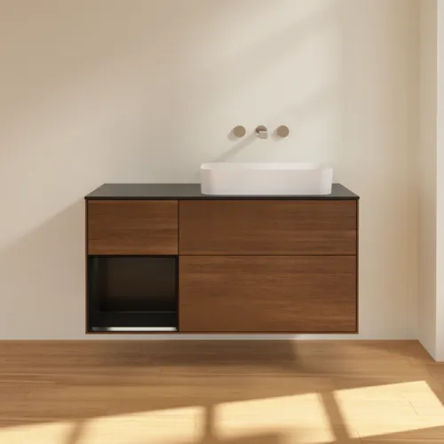 VILLEROY BOCH Finion Waschbeckenunterschrank, mit Beleuchtung, 3 Auszüge, 1200 x 603 x 501 mm, Walnut Veneer / Black Matt Lacquer / Glass Black Matt #F682PDGN, Bild 2