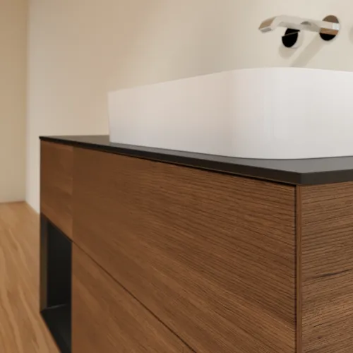 VILLEROY BOCH Finion Waschbeckenunterschrank, mit Beleuchtung, 3 Auszüge, 1200 x 603 x 501 mm, Walnut Veneer / Black Matt Lacquer / Glass Black Matt #F682PDGN, Bild 5