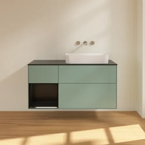 Bild von VILLEROY BOCH Finion Waschbeckenunterschrank, mit Beleuchtung, 3 Auszüge, 1200 x 603 x 501 mm, Olive Matt Lacquer / Black Matt Lacquer / Glass Black Matt #F682PDGM