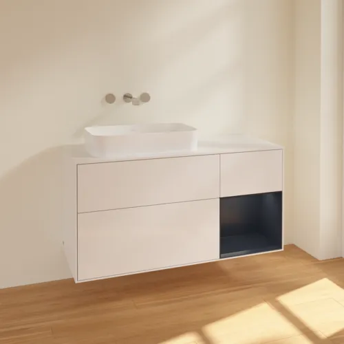 Bild von VILLEROY BOCH Finion Waschbeckenunterschrank, mit Beleuchtung, 3 Auszüge, 1200 x 603 x 501 mm, Glossy White Lacquer / Midnight Blue Matt Lacquer / Glass White Matt #F691HGGF