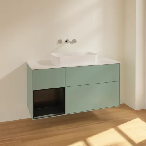 Bild von VILLEROY BOCH Finion Waschbeckenunterschrank, mit Beleuchtung, 3 Auszüge, 1200 x 603 x 501 mm, Olive Matt Lacquer / Black Matt Lacquer / Glass White Matt #F701PDGM