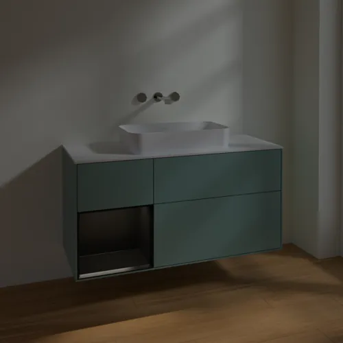 Bild von VILLEROY BOCH Finion Waschbeckenunterschrank, mit Beleuchtung, 3 Auszüge, 1200 x 603 x 501 mm, Olive Matt Lacquer / Black Matt Lacquer / Glass White Matt #F701PDGM