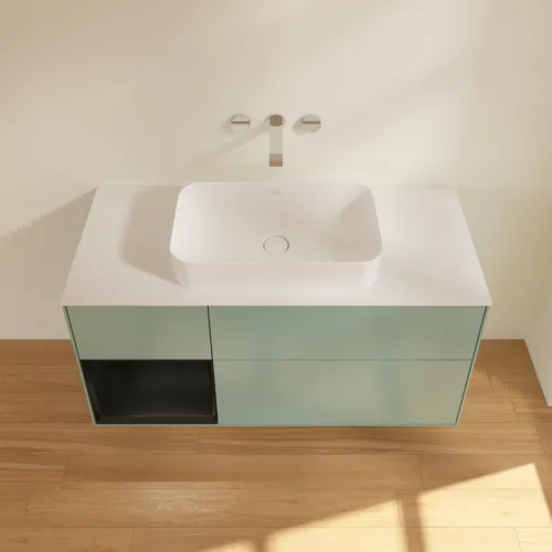 Bild von VILLEROY BOCH Finion Waschbeckenunterschrank, mit Beleuchtung, 3 Auszüge, 1200 x 603 x 501 mm, Olive Matt Lacquer / Black Matt Lacquer / Glass White Matt #F701PDGM