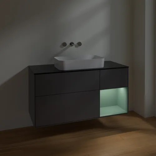 Bild von VILLEROY BOCH Finion Waschbeckenunterschrank, mit Beleuchtung, 3 Auszüge, 1200 x 603 x 501 mm, Anthracite Matt Lacquer / Olive Matt Lacquer / Glass Black Matt #F712GMGK