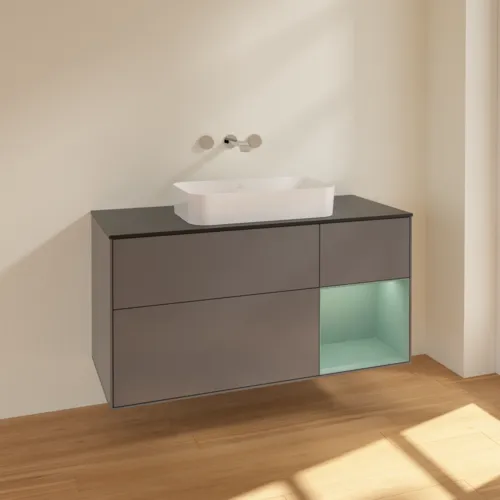 Bild von VILLEROY BOCH Finion Waschbeckenunterschrank, mit Beleuchtung, 3 Auszüge, 1200 x 603 x 501 mm, Anthracite Matt Lacquer / Olive Matt Lacquer / Glass Black Matt #F712GMGK
