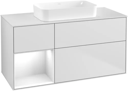 Obrázek VILLEROY BOCH Umyvadlová skříňka Finion, s osvětlením, 3 výsuvy, 1200 x 603 x 501 mm, bílý matný lak / bílý lesklý lak / bílé matné sklo #F701GFMT