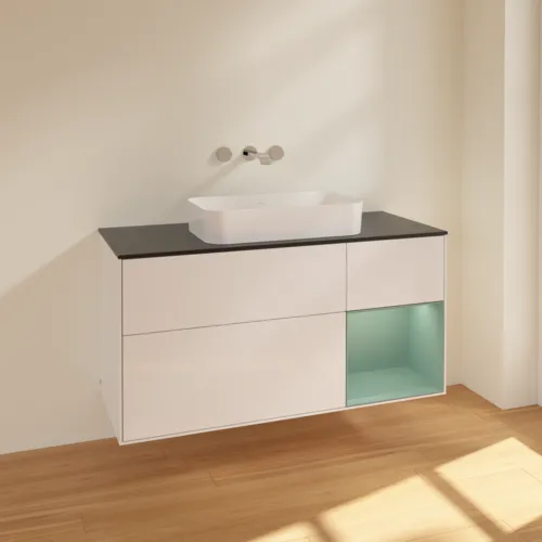 Bild von VILLEROY BOCH Finion Waschbeckenunterschrank, mit Beleuchtung, 3 Auszüge, 1200 x 603 x 501 mm, Glossy White Lacquer / Olive Matt Lacquer / Glass Black Matt #F712GMGF