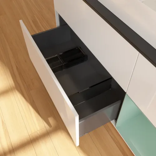 Bild von VILLEROY BOCH Finion Waschbeckenunterschrank, mit Beleuchtung, 3 Auszüge, 1200 x 603 x 501 mm, Glossy White Lacquer / Olive Matt Lacquer / Glass Black Matt #F712GMGF