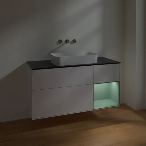 Bild von VILLEROY BOCH Finion Waschbeckenunterschrank, mit Beleuchtung, 3 Auszüge, 1200 x 603 x 501 mm, Glossy White Lacquer / Olive Matt Lacquer / Glass Black Matt #F712GMGF