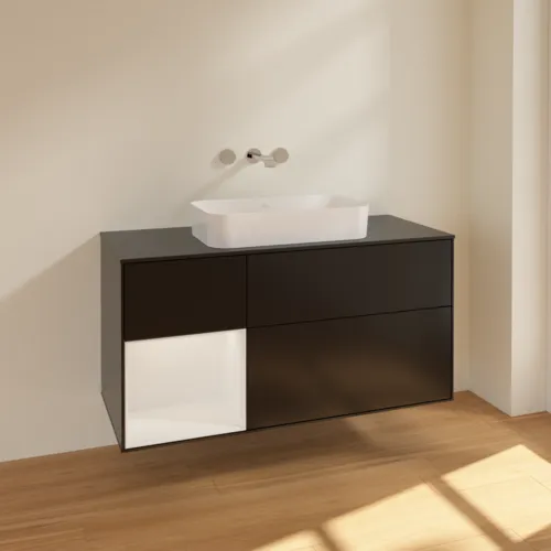 Bild von VILLEROY BOCH Finion Waschbeckenunterschrank, mit Beleuchtung, 3 Auszüge, 1200 x 603 x 501 mm, Black Matt Lacquer / Glossy White Lacquer / Glass Black Matt #F702GFPD
