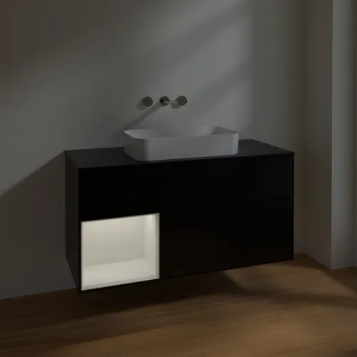 Bild von VILLEROY BOCH Finion Waschbeckenunterschrank, mit Beleuchtung, 3 Auszüge, 1200 x 603 x 501 mm, Black Matt Lacquer / Glossy White Lacquer / Glass Black Matt #F702GFPD