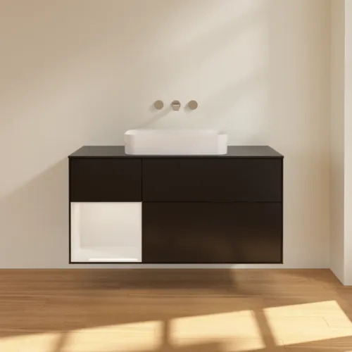 Bild von VILLEROY BOCH Finion Waschbeckenunterschrank, mit Beleuchtung, 3 Auszüge, 1200 x 603 x 501 mm, Black Matt Lacquer / Glossy White Lacquer / Glass Black Matt #F702GFPD