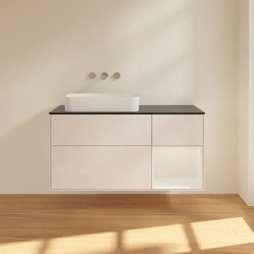Obrázek VILLEROY BOCH Toaletní skříňka Finion, s osvětlením, 3 výsuvy, 1200 x 603 x 501 mm, lesklý bílý lak / lesklý bílý lak / sklo černé matné #F692GFGF