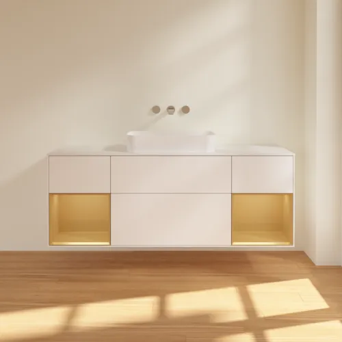Bild von VILLEROY BOCH Finion Waschbeckenunterschrank, mit Beleuchtung, 4 Auszüge, 1600 x 603 x 501 mm, White Matt Lacquer / Gold Matt Lacquer / Glass White Matt #F741HFMT