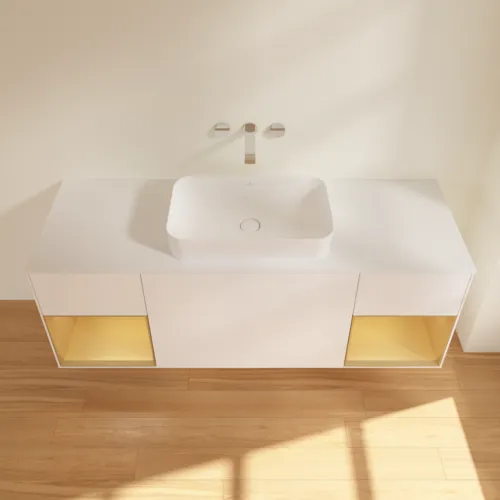 Bild von VILLEROY BOCH Finion Waschbeckenunterschrank, mit Beleuchtung, 4 Auszüge, 1600 x 603 x 501 mm, White Matt Lacquer / Gold Matt Lacquer / Glass White Matt #F741HFMT